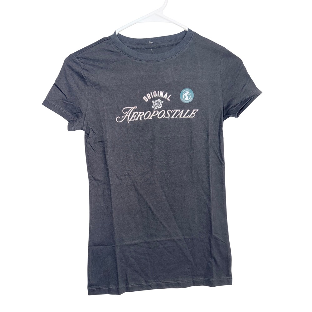 Aeropostale Womens Classic Crew Graphic T-Shirt Black Rose Logo XS NEW